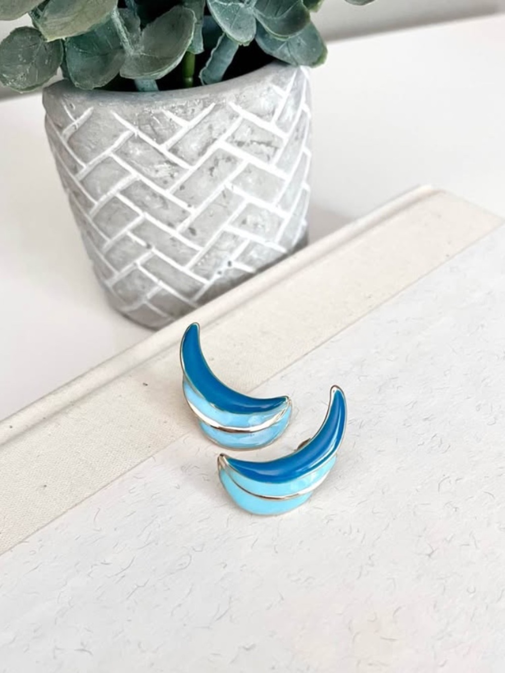 Retro Blue Gold Crescent Statement Earrings Coastal Beachy Summer Jewelry